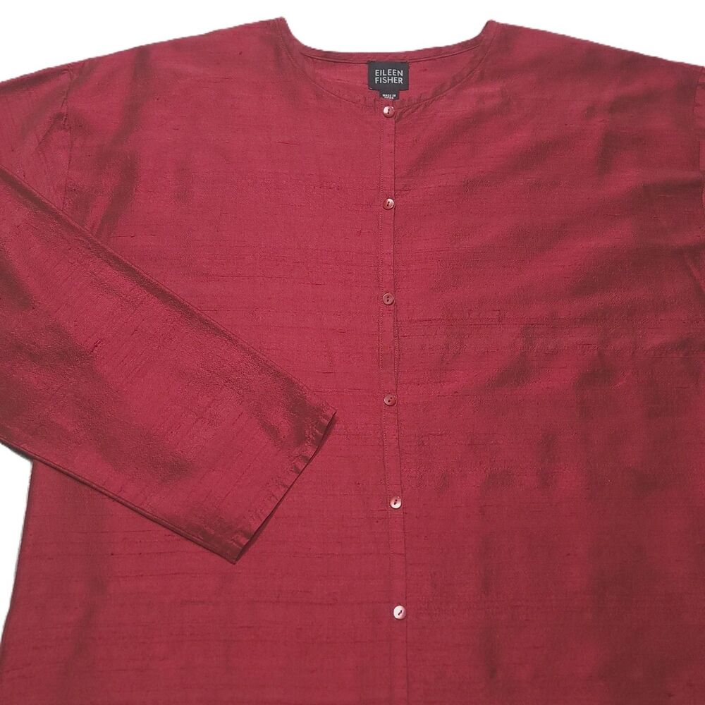 Eileen Fisher Womens S Tunic Silk Textured Button Up Long Sleeve Red Relaxed Top - Picture 2 of 8